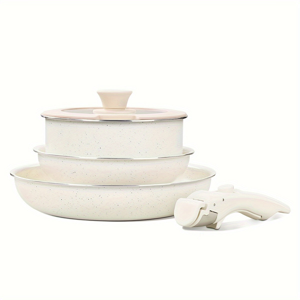 Yopishqoq emas pishirish to'plami - 5 dona, olib tashlanadigan tutqichlar bilan, pechda ishlatish uchun xavfsiz, qulay saqlash uchun yig'iladigan. Sayohat va uy oshxonalari uchun ideal.