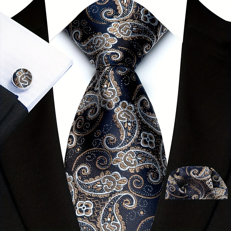Men's Suit Set with Tie, Pocket Square and Cufflinks in Stripe and Paisley Design