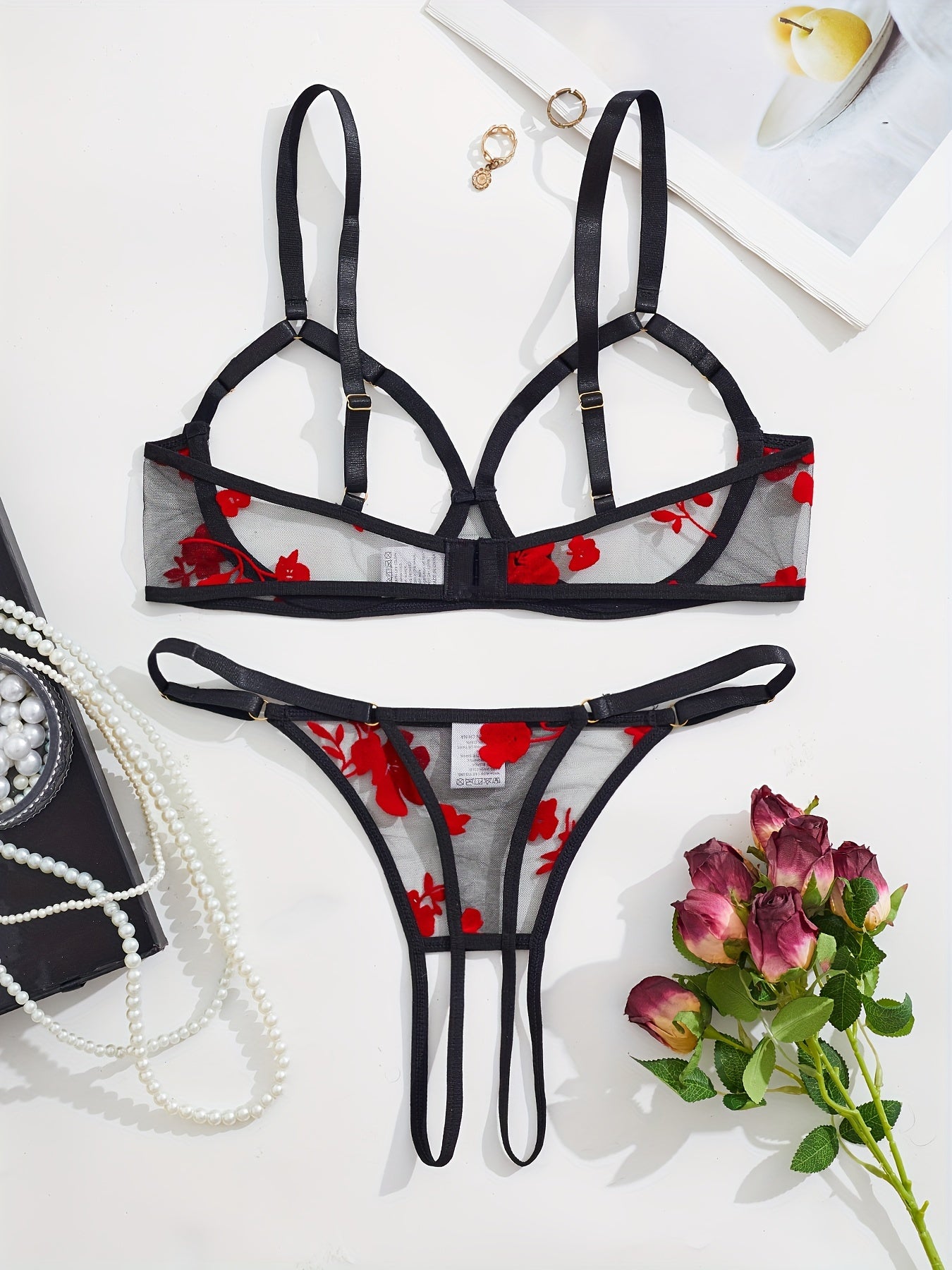 Women's Black and Red Floral Lace Lingerie Set with Bralette and Thong