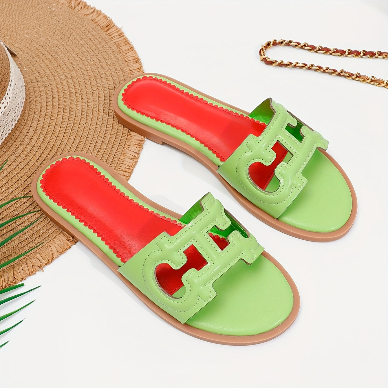 Women's Black Flat Sandals with Red Accents Slip-On Summer Casual