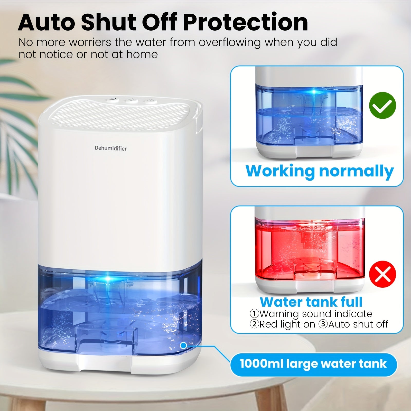 Uy uchun yotoqxona uchun 1L portativ namlikni olib tashlovchi qurilma, ko‘k LED chiroq bilan, shovqinsiz ishlash