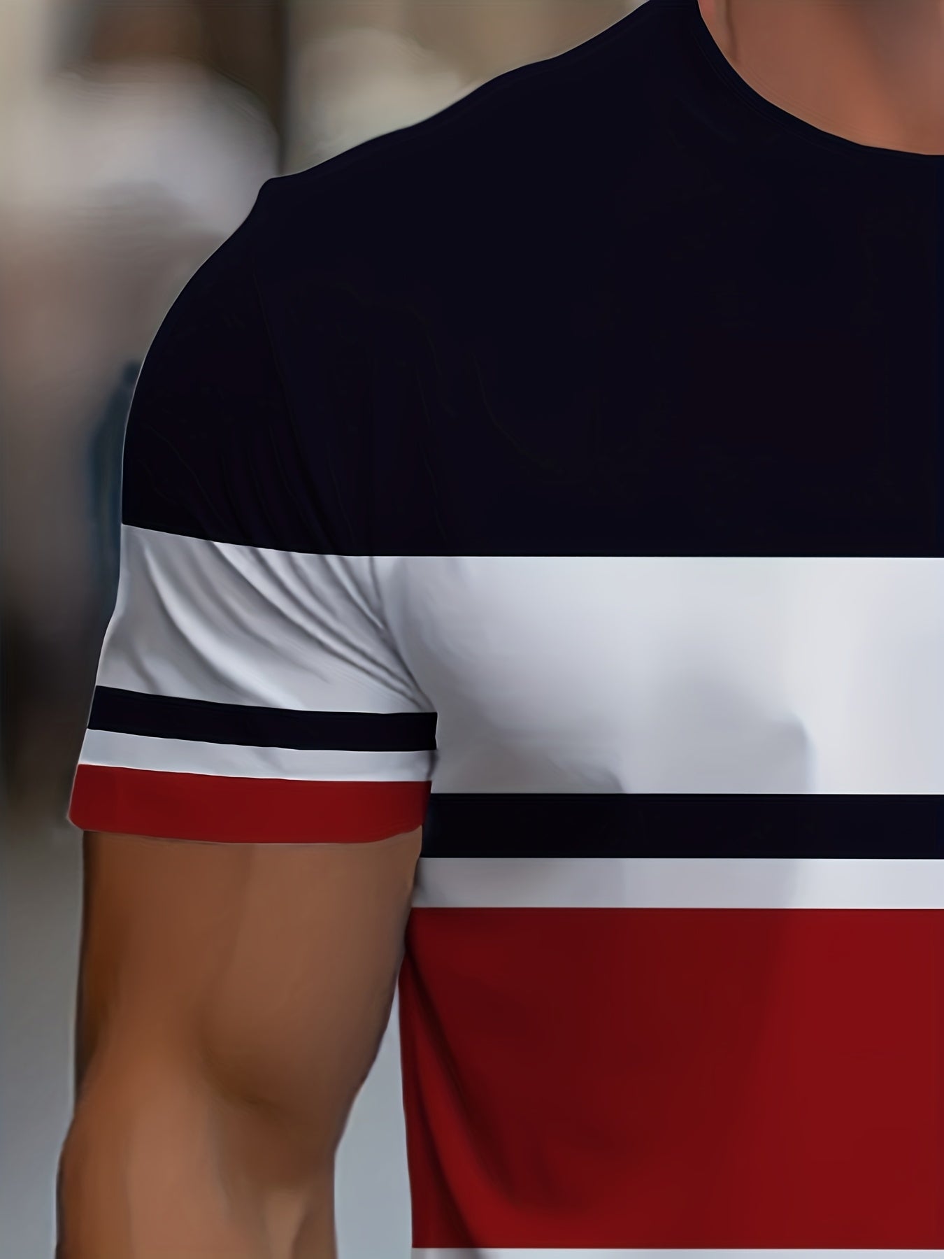 Camiseta de hombre de poliéster a rayas, cuello redondo, manga corta, casual, verano, transpirable, impresión digital