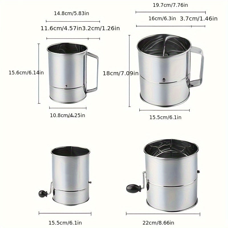 Stainless Steel Hand-Crank Flour Sifter 8-Cup Capacity Baking Cooking