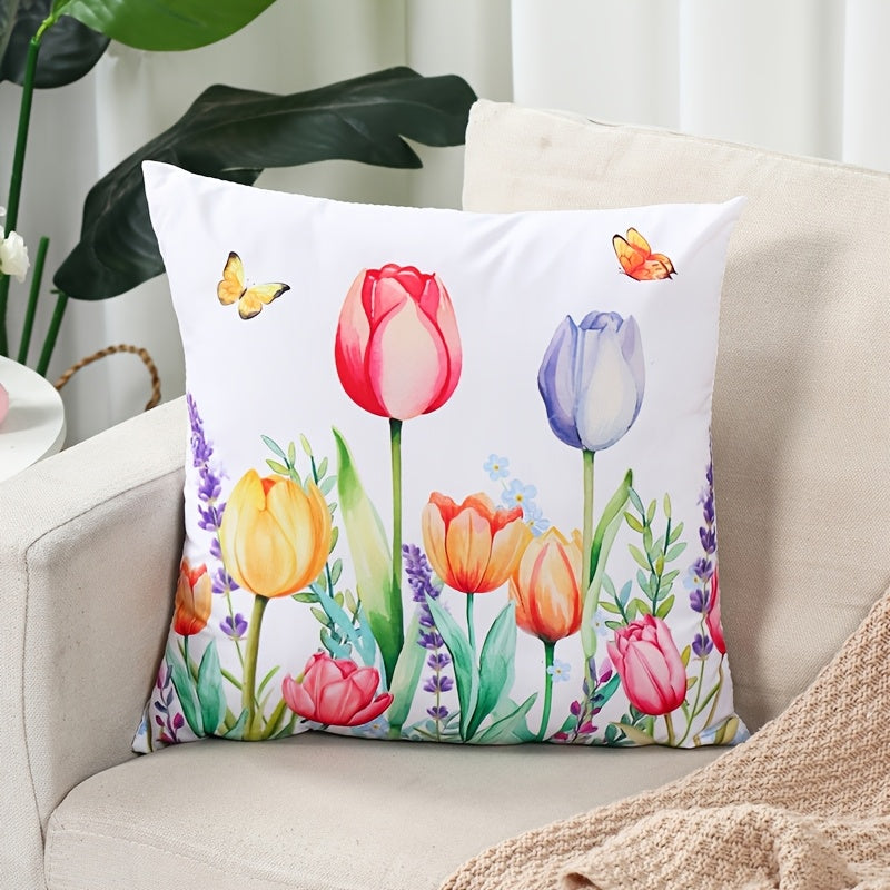 Decorative Pillow Cover Floral Butterfly Print Polyester Zipper Machine Washable