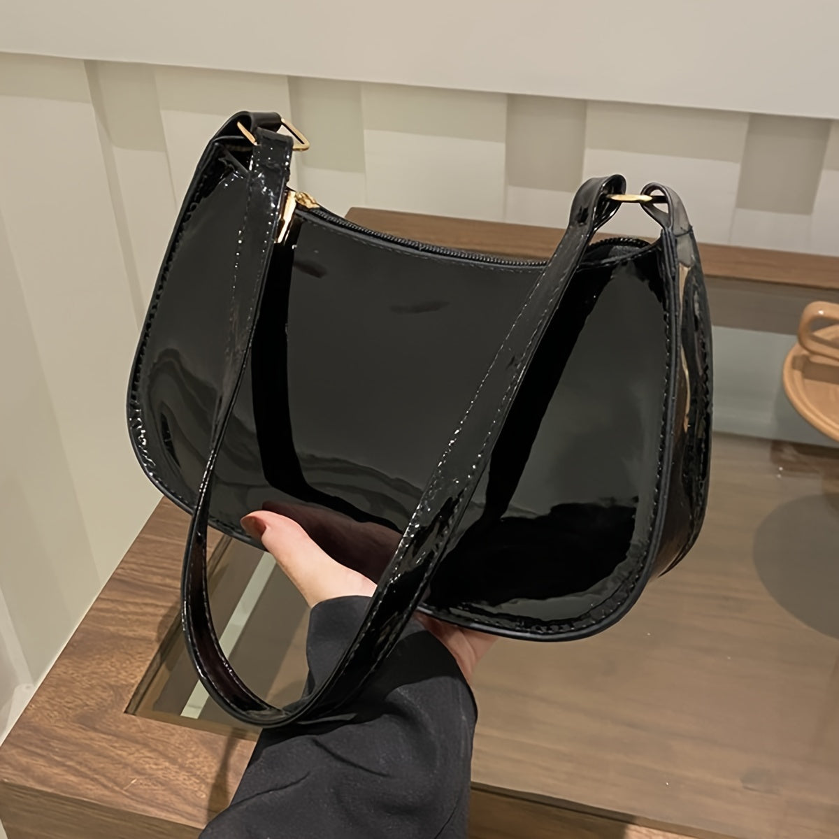 Vintage Red Glossy PU Shoulder Handbag for Women