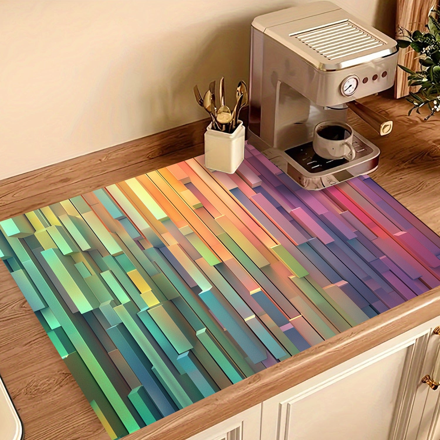 Qattiq, issiqka chidamli g'ovakli kauchuk pechka mato, kamalak naqsh bilan. Chizishlarga, yog' va dog'larga qarshi. Qayta ishlatiladigan, idish-tovoq mashinasida tozalash mumkin va yorqin oshxona dekoratsiyasi.