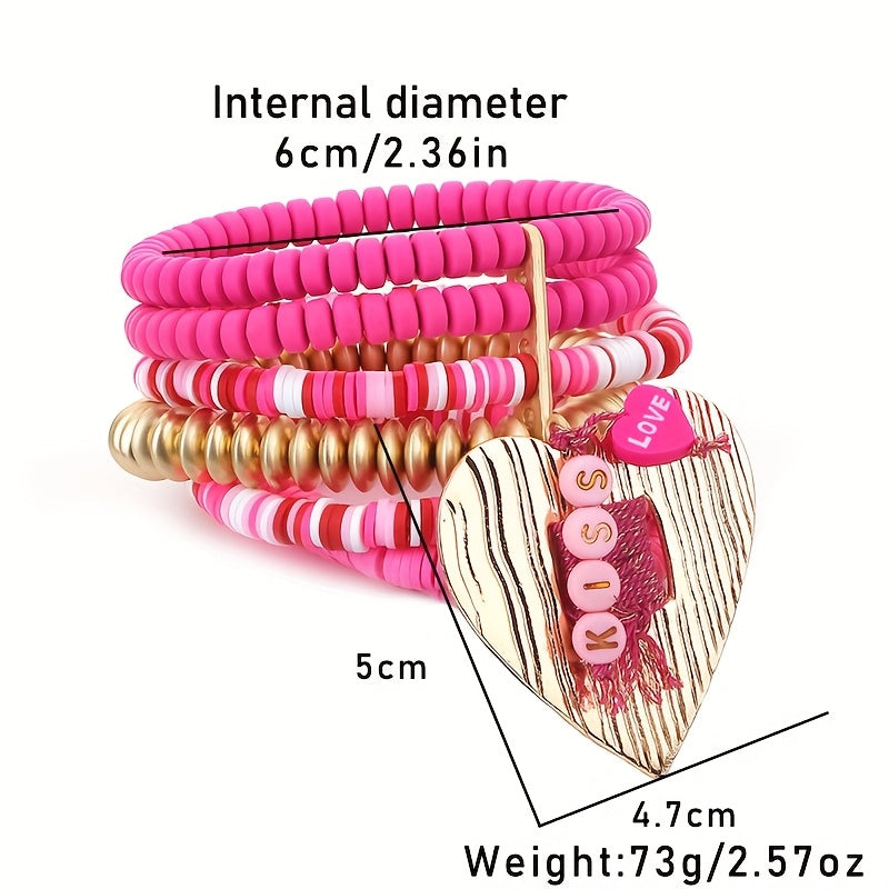 Pink Resin Beaded Heart Pendant Bracelet Bohemian Style for Women