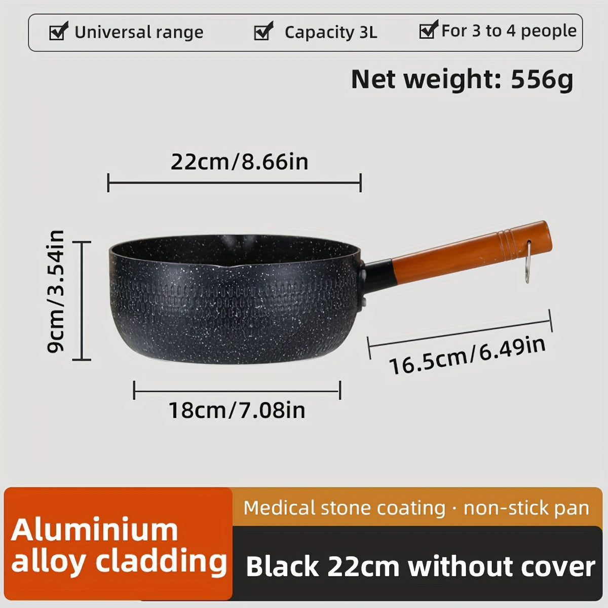 Ushbu yopishqoq bo'lmagan alyuminiy qozon sho'rva, sut va makaron tayyorlash uchun mo'ljallangan. U induktsion pechlar bilan mos keladi va uy oshxonalarida foydalanish uchun ideal.