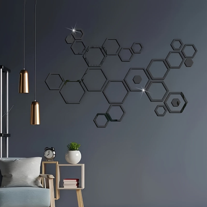 Hexagon 3D Wall Mirror Stickers Acrylic Decals Glam Style Self-Adhesive Polished Finish Vertical Irregular Shape Home Decor