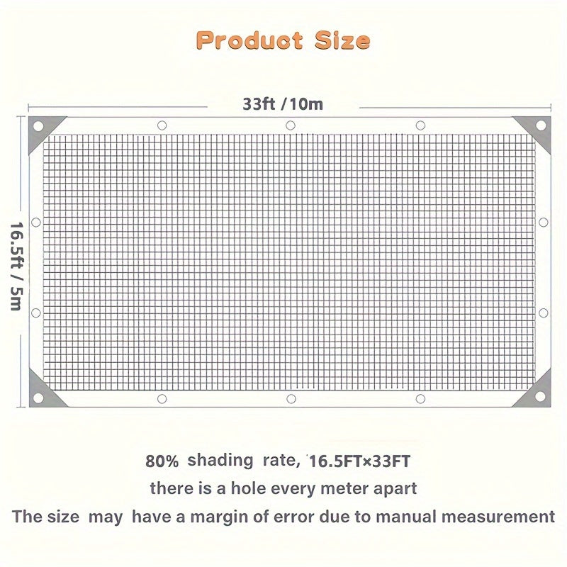 Katta qora quyoshdan himoya qiluvchi to'r, 5.03x10.06m va 3.96x7.92m o'lchamlarida mavjud bo'lib, issiqxona, patio, o'simliklar, gazebo va balkonlar uchun mo'ljallangan.