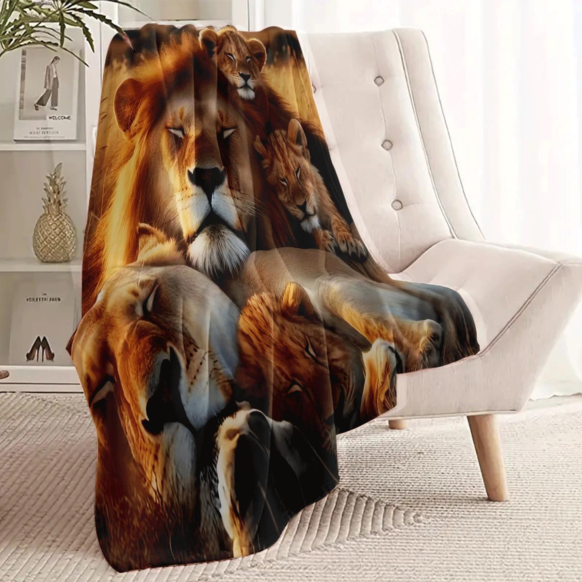 Vintage Lion Family Print Flannel Throw Blanket Yengil Polyester Sofaga mo‘ljallangan