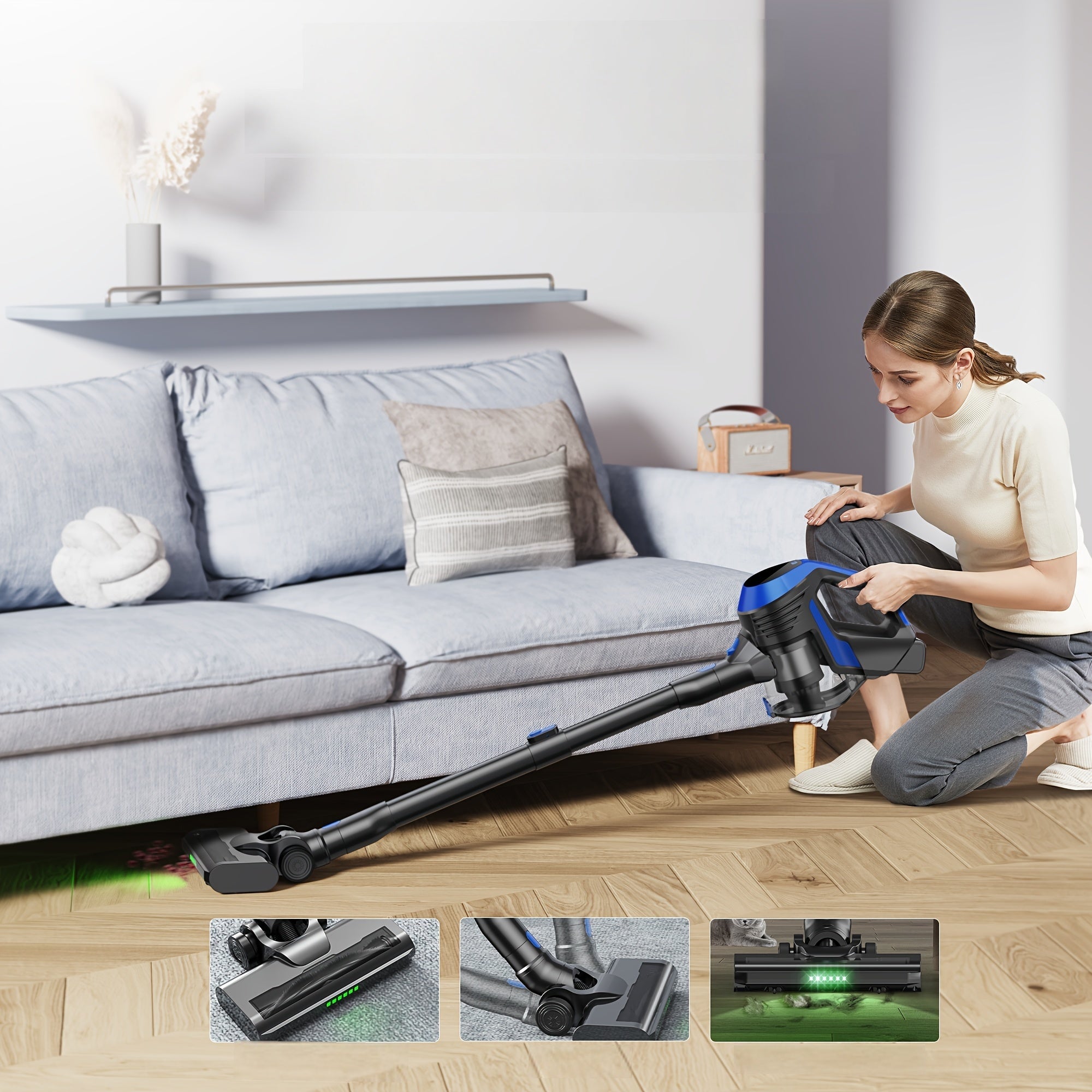 Raqamsiz tayoq changyutgich, raqamli displey bilan, 130W tortish kuchi, qattiq pol va hayvon tuklari uchun