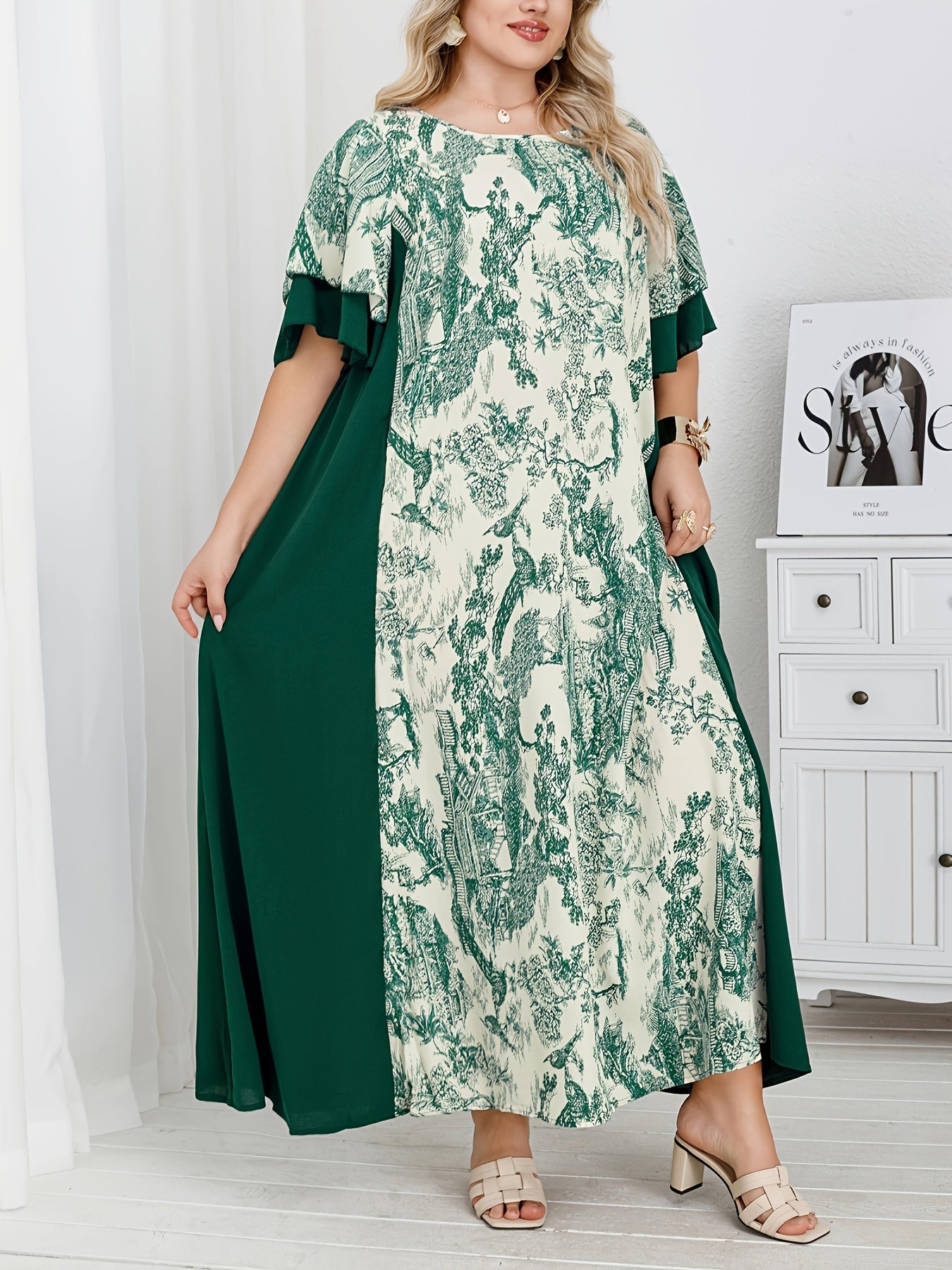 Plus Size Middle Eastern Style Loose Dress With Contrasting Patchwork Print
