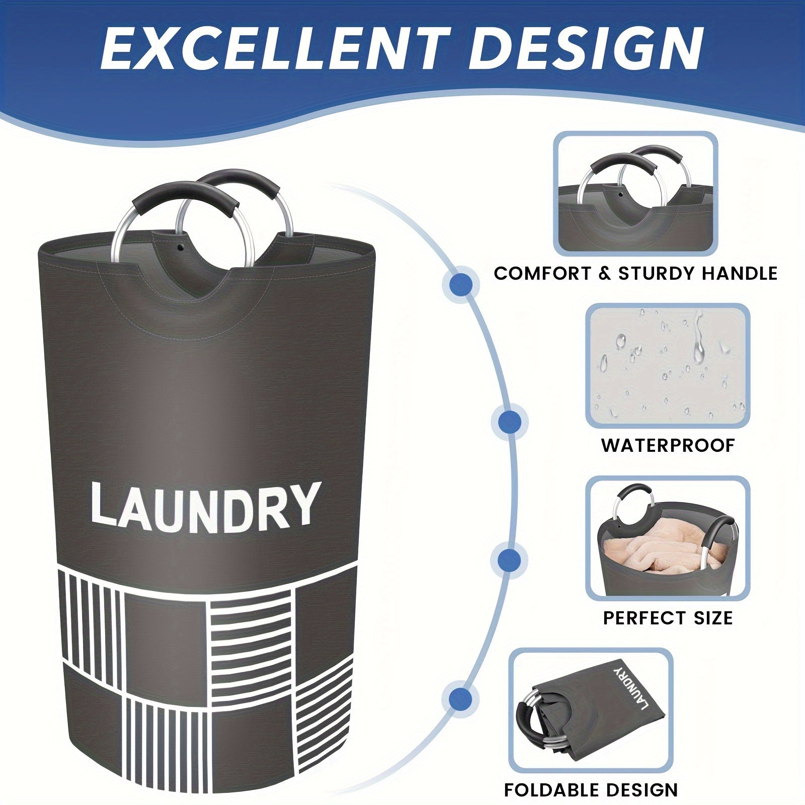 Waterproof Laundry Basket with Padded Handles 82L Collapsible Storage for Bathroom Dorm Balcony