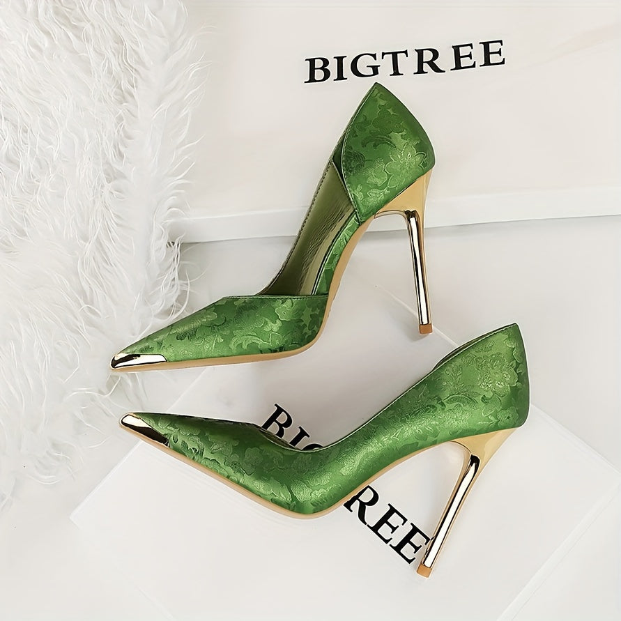 Women Satin High Heels with Slender Heel and Metallic Toe