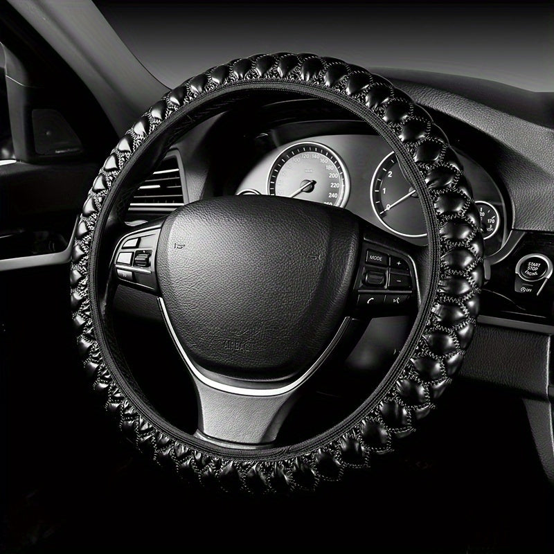 Embroidered Faux Leather Steering Wheel Cover Universal Fit Anti-Slip Durable Car Accessory
