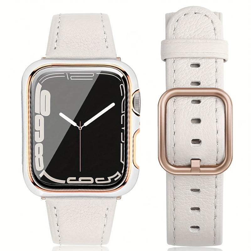 Sun Buckle Two-Color Rose Shell Protective Case for Smartwatch 2-in-1 Synthetic Leather Strap Tempered Glass Frame Compatible with iWatch Ultra Series