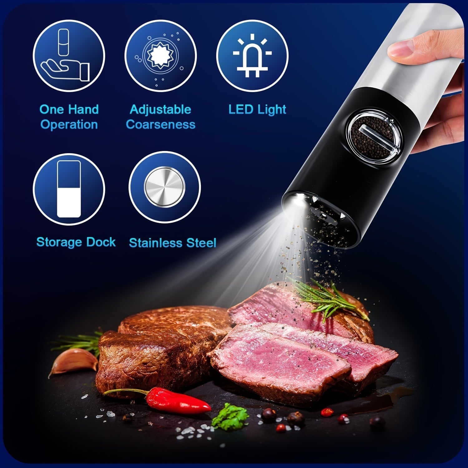 Set of 2 Stainless Steel Electric Salt and Pepper Mills with Holder