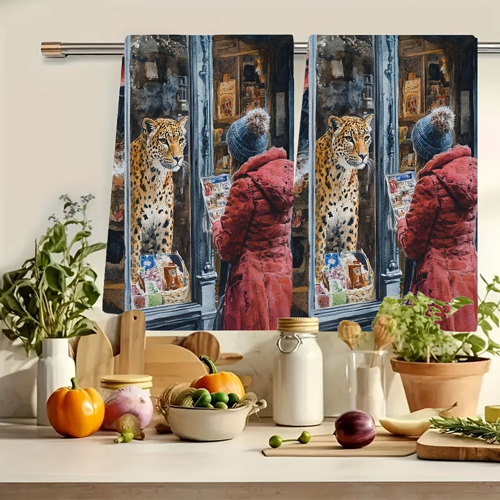 2 ta Ultra Soft oshxona sochiqlari to'plami, xayoliy leopard, inson bilan uchrashuv, 40x60 sm
