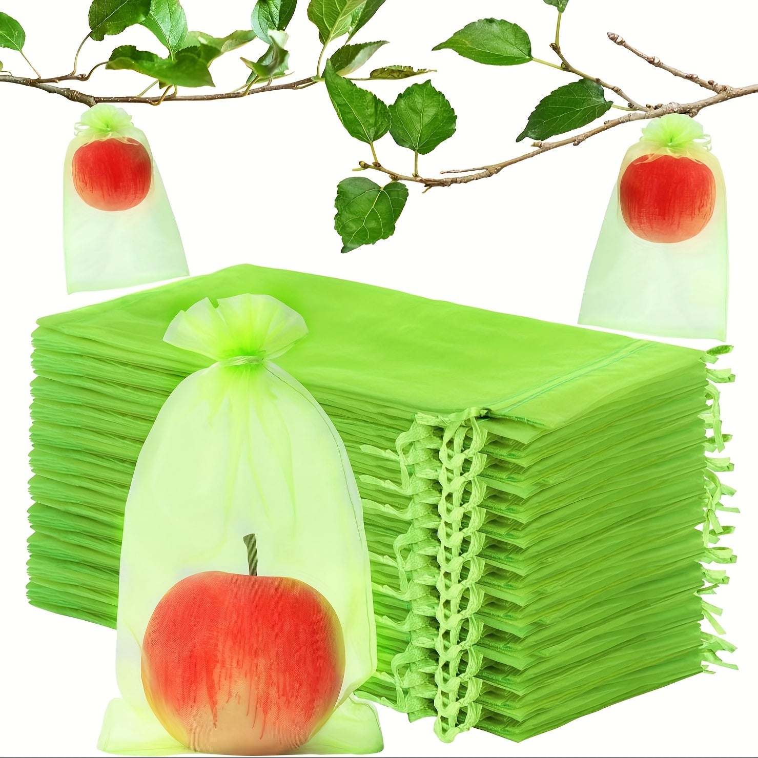Lightweight Green Fruit Protection Bags 100 Pack with Drawstring Closure