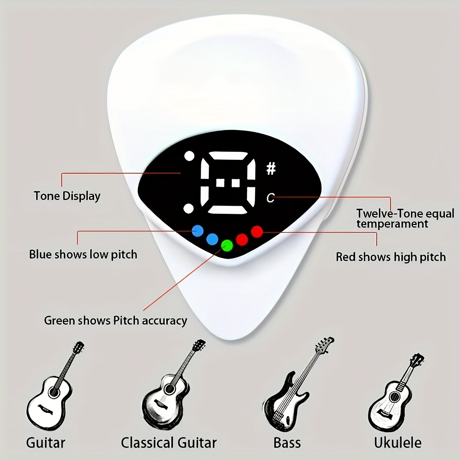 2-in-1 Guitar Pick and Tuner Portable Pitch Calibrator for Folk Guitars and Ukuleles White ABS