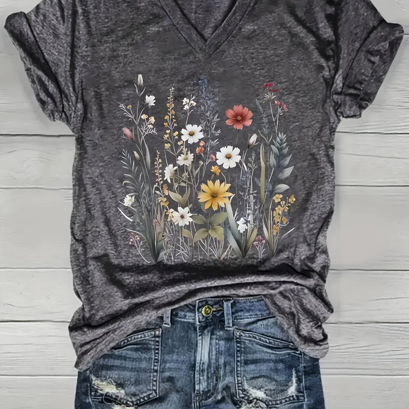 Women's V-Neck Short Sleeve T-Shirt Dark Grey Floral Summer Top Breathable