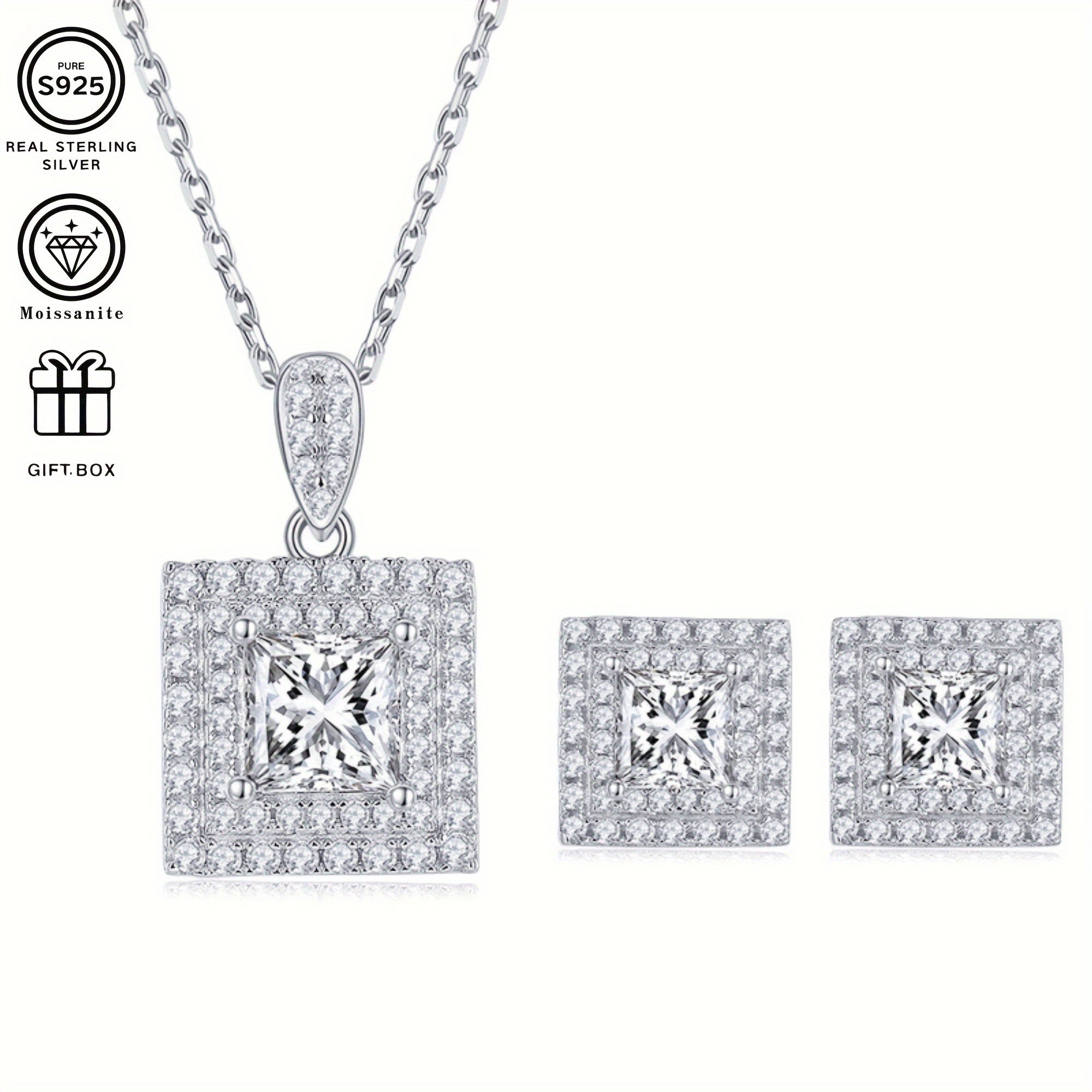 Women’s Silver Jewelry Set with Moissanite Necklace and Earrings 1ct and 1ct