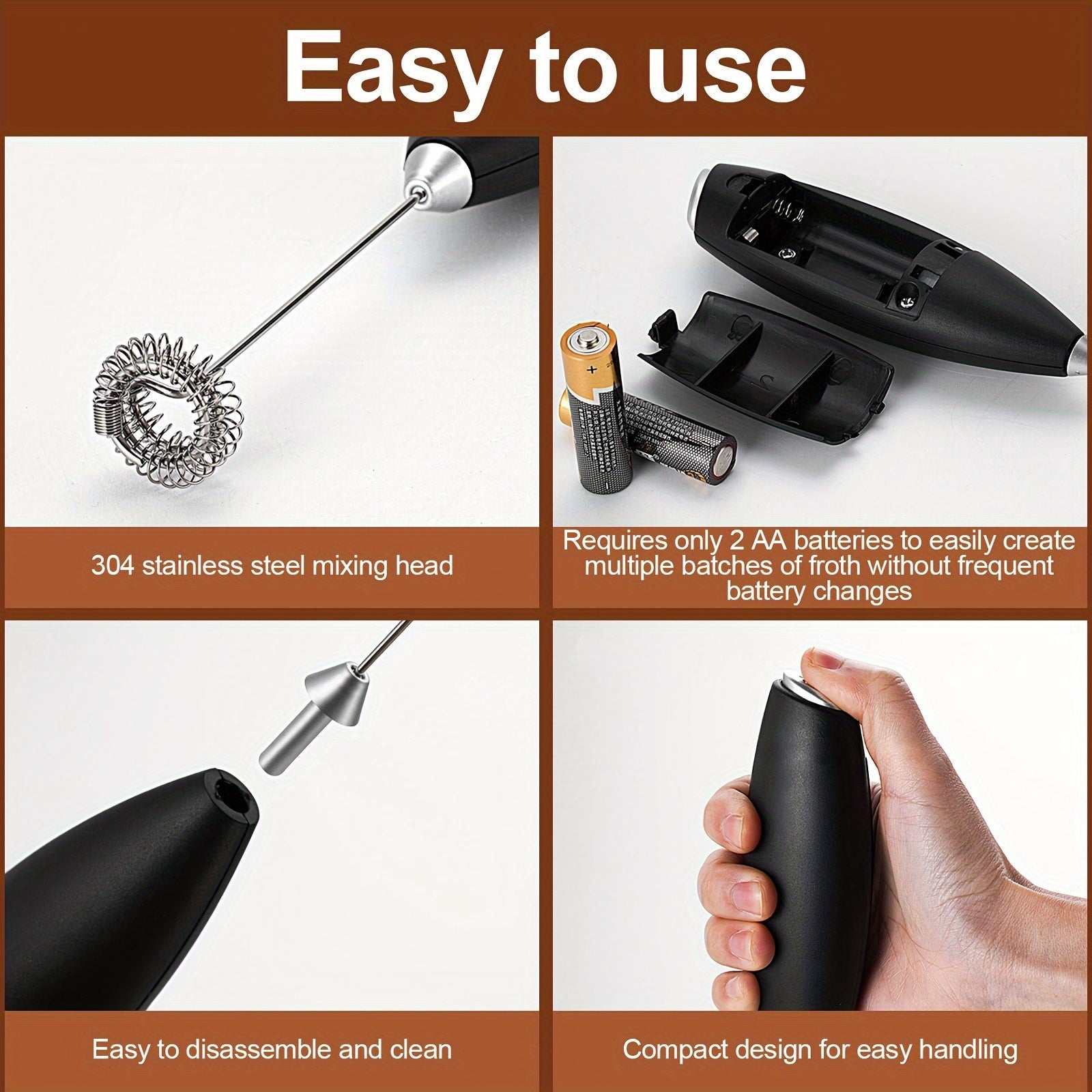 Naychali po'lat sut ko'pirtgichi, tez ko'pik uchun oson tozalanadigan ikki boshli - batareyali (AA), uy, ofis va qahvaxonalar uchun ixcham va portativ dizayn. Oson demontaj va tozalash uchun PP materialidan va barqaror asosdan tayyorlangan.