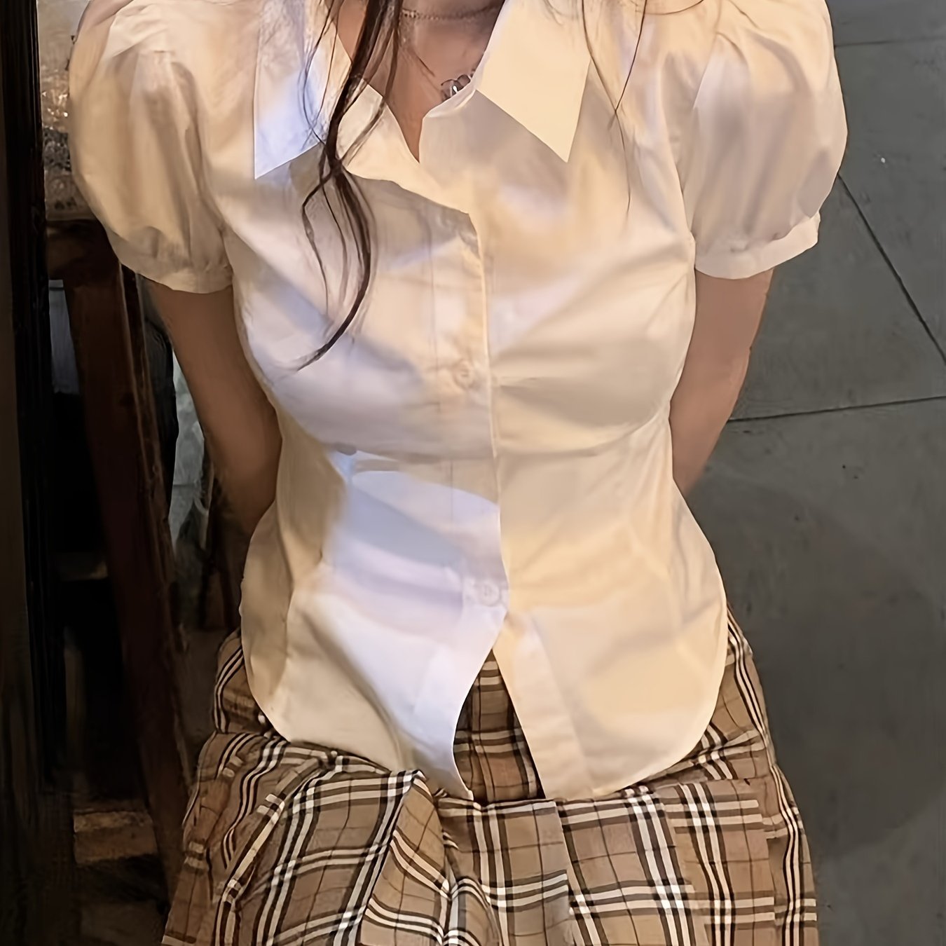 Women's White Polyester Blouse with Tie-Waist and Short Lantern Sleeves for Casual Wear