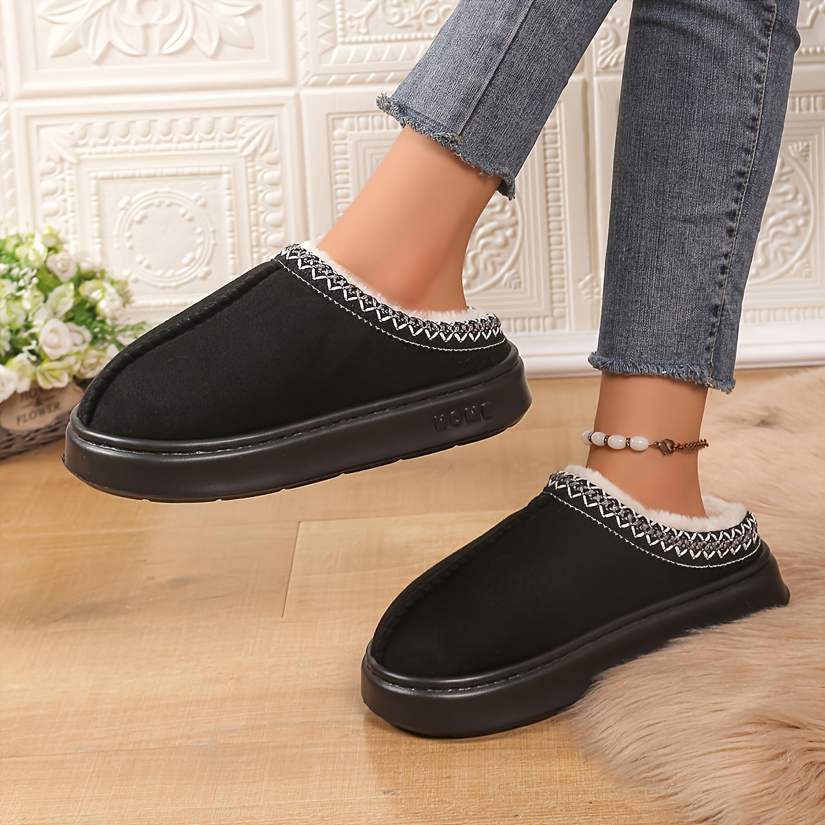 Ayollar uchun fleece shlyapka yopishqoq ichki issiq qulay slip-onlar yumshoq jigarrang issiq qulay