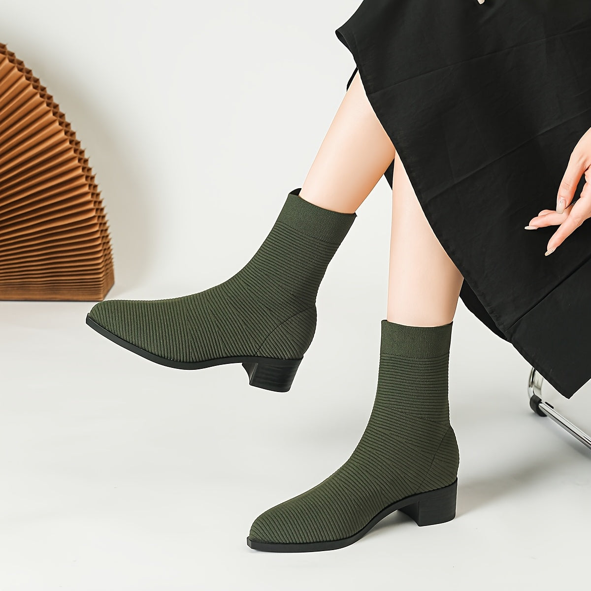 Women's Breathable Knit Ankle Boots Slip-On Chunky Heel Gray Short Boots