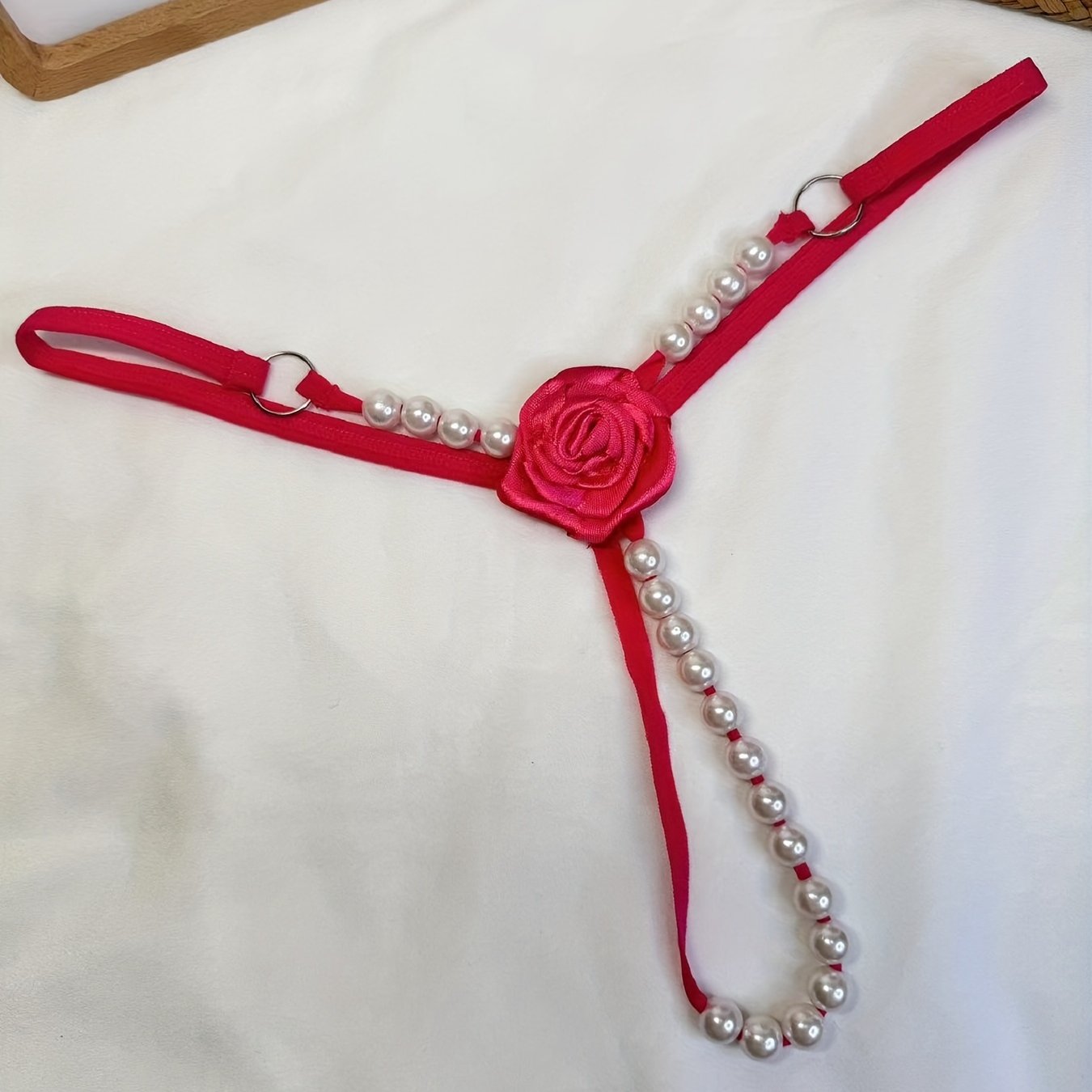 Women's Rose Patch Thong Panties with Faux Pearl Decorations Lingerie