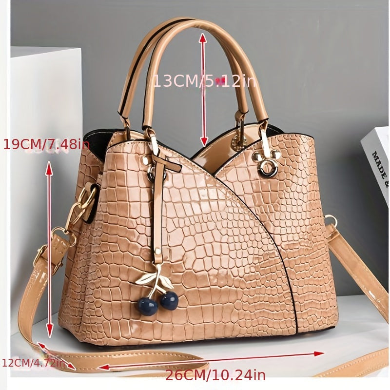 Crocodile Embossed Tote Bag with Cherry Pendant PU Checkered Zipper Closure