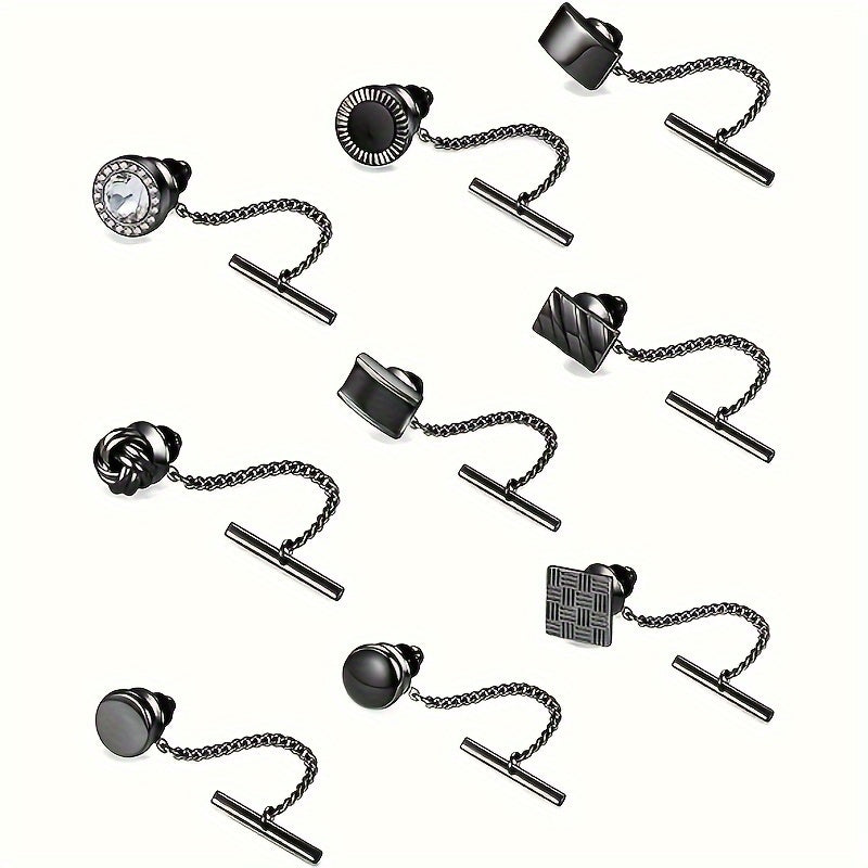 Set of 9 Men's Tie Pins with Chains and Clips in Black Silver and Gold