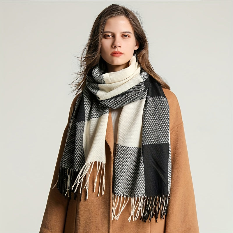 Chal con flecos para otoño e invierno, unisex, de imitación cachemira a cuadros