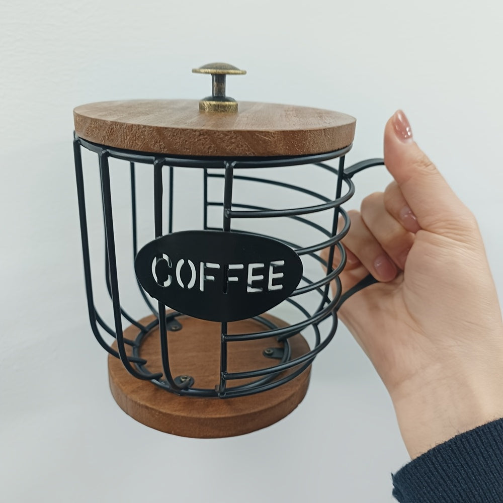 Large Capacity Coffee Pod Holder Wooden Base Metal Wire Basket for Espresso Capsules