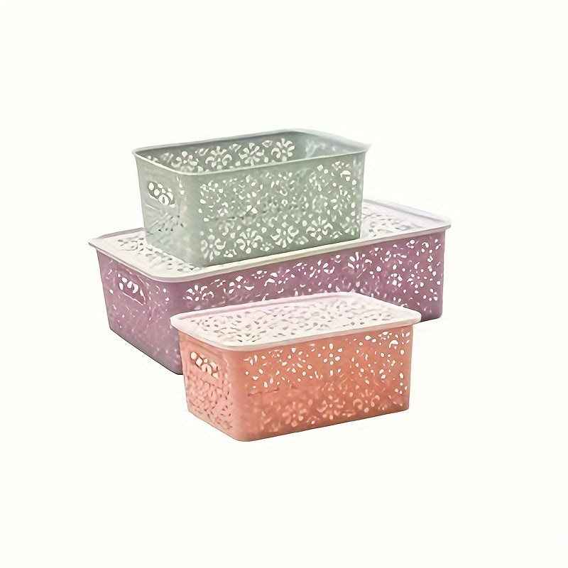 Cubo de almacenamiento de plástico con tapa, diseño hueco tallado para organización de armario de cocina, varios colores