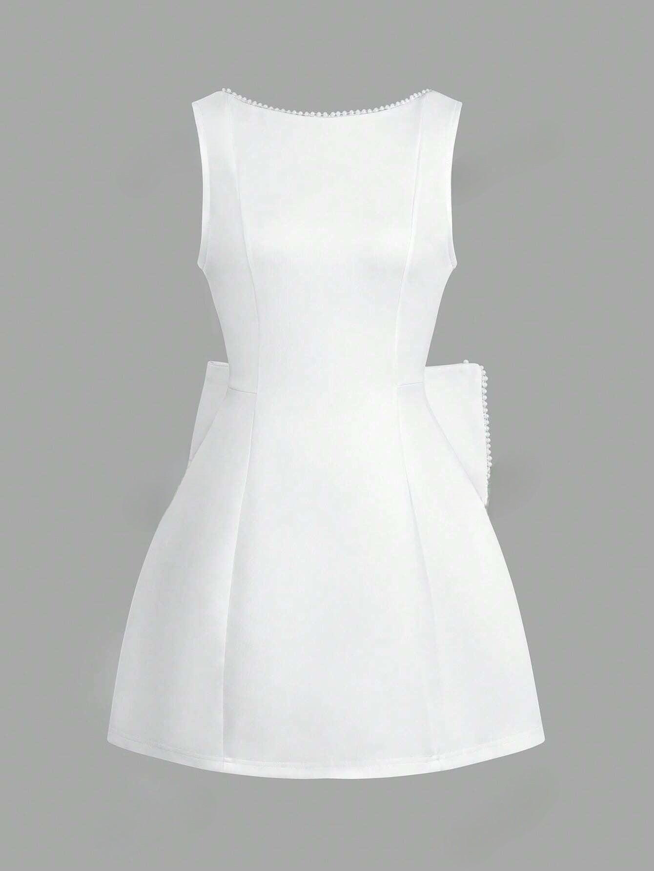 Plus Size Summer Sleeveless Evening Dress with Bow Faux Pearl Embellishments