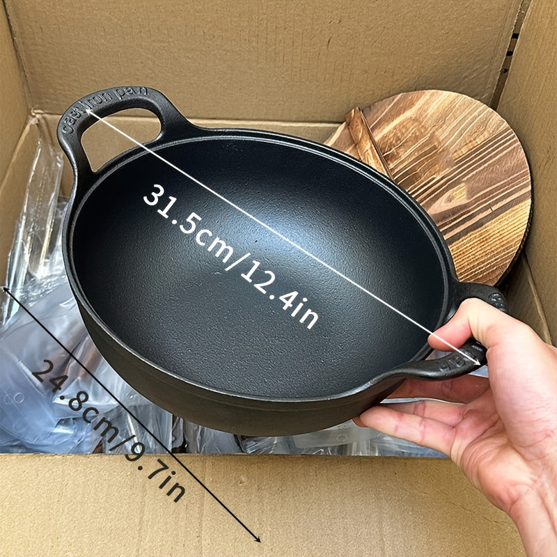 Cast Iron Cookware Set with Wooden Lid Non-Stick Heat-Resistant Handles for Soup Stews