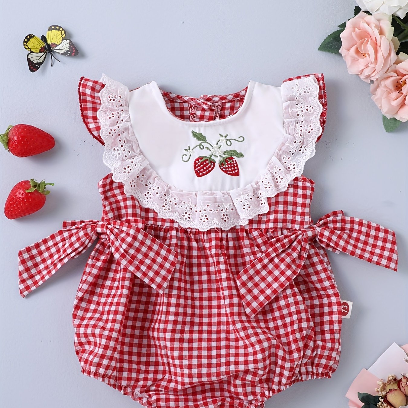 Baby Girls Plaid Onesie with Strawberry Embroidery and Bow Details for Casual Outdoor Wear