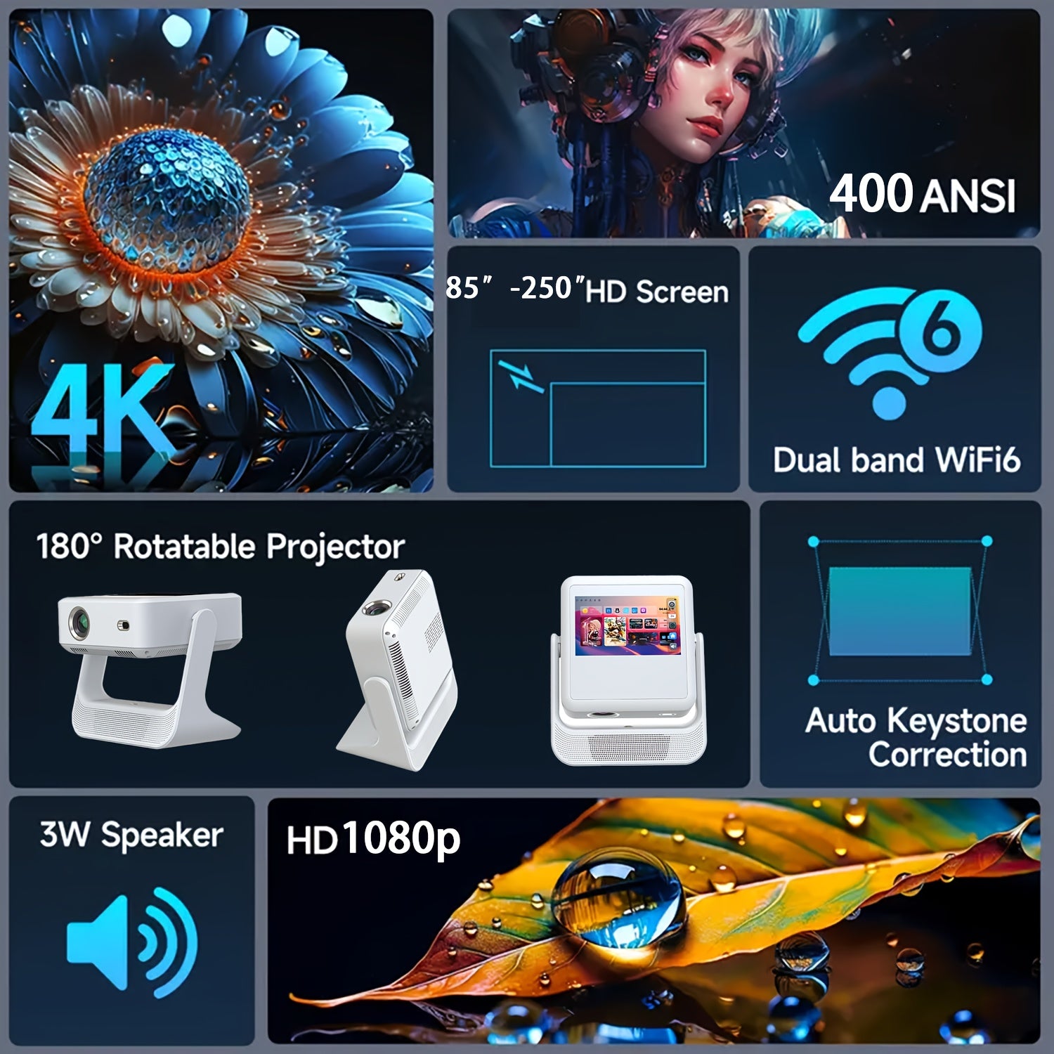 Проектор для домашнего кинотеатра 1080P 4K с поддержкой, сенсорный экран 8 дюймов, WiFi 6