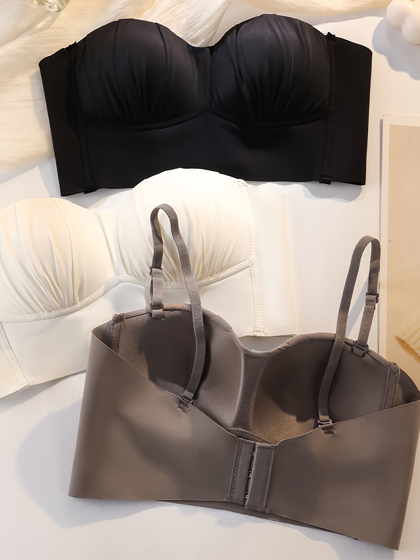 Set of 3 Women’s Seamless Strapless Bandeau Bras with Non-Removable Padding