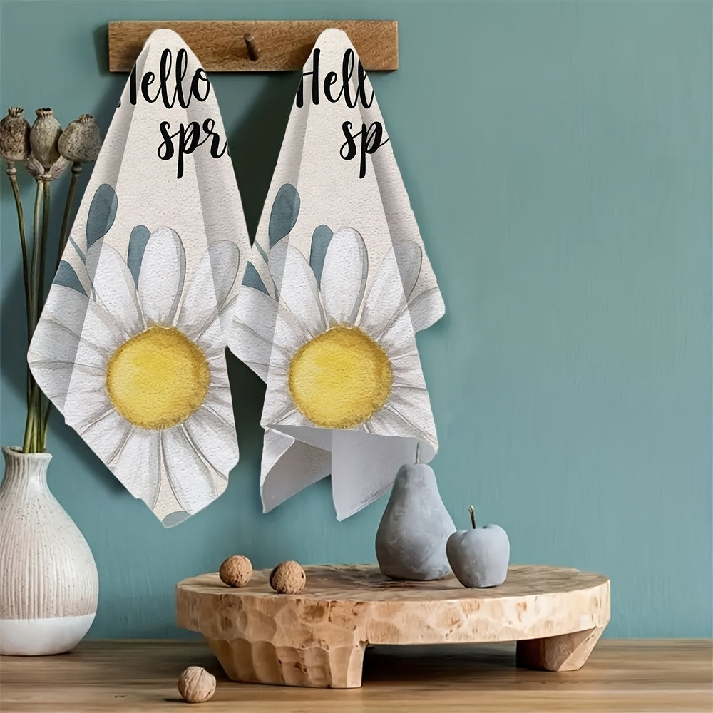 Set of 2 White Daisy Eucalyptus Kitchen Towels 16x24 Inch Absorbent Dish Towels