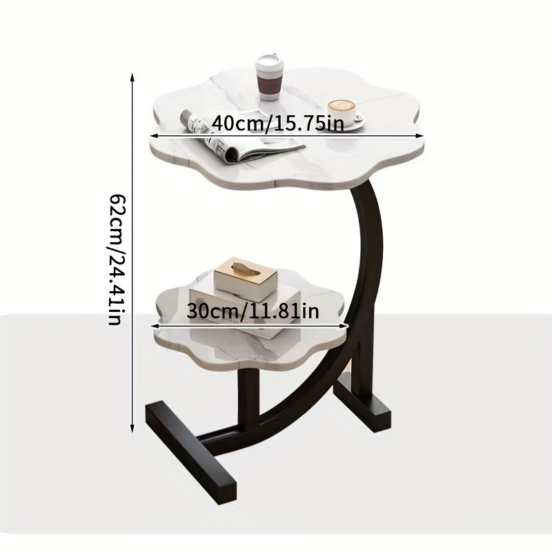 Mesa lateral en forma de pétalo de madera y metal, estilo art déco, doble capa, para sala de estar y dormitorio
