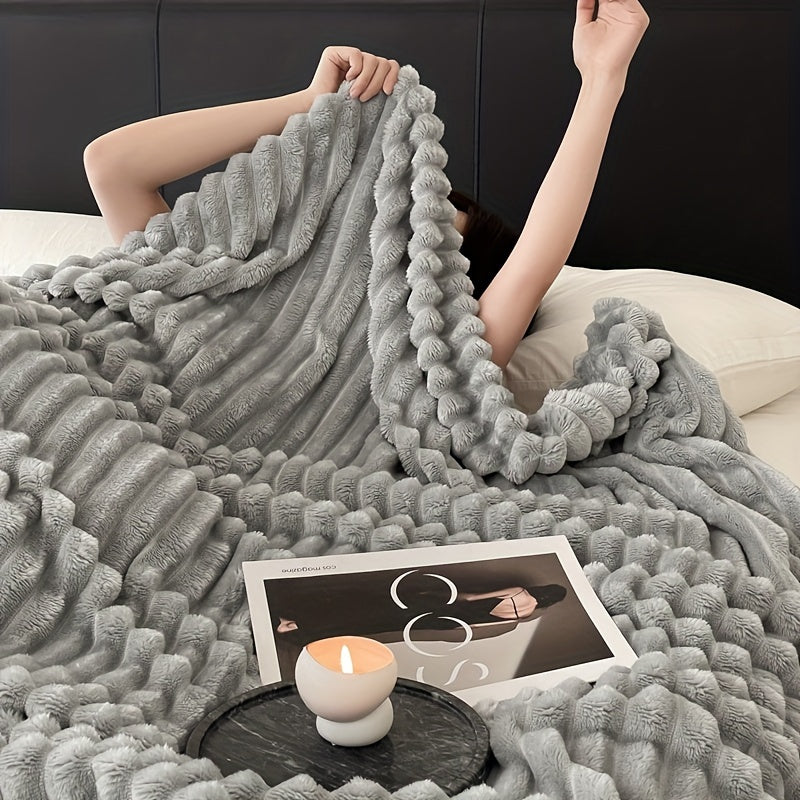 Gray Striped Fleece Blanket for Travel and All Seasons