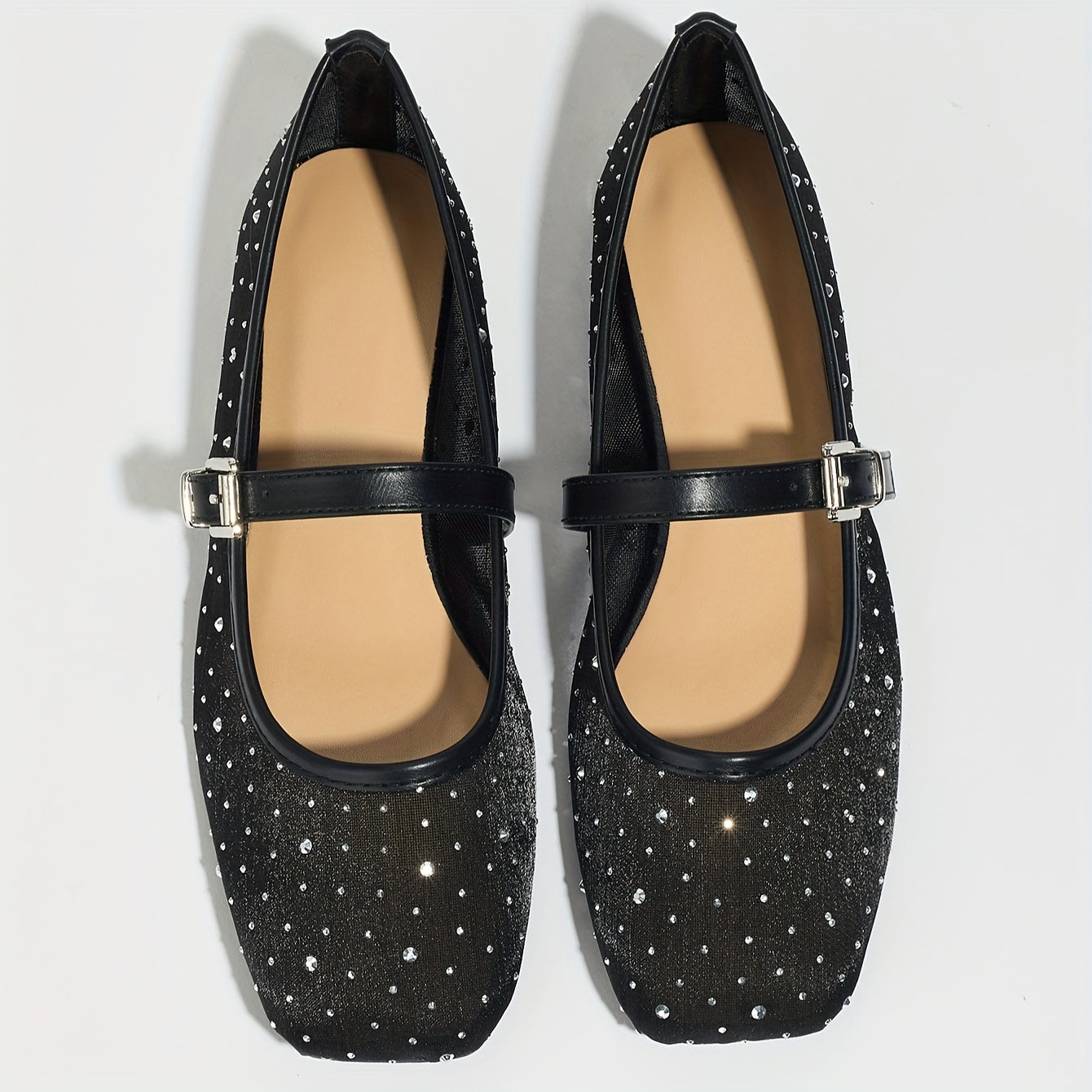 Zapatos planos de malla negra para mujer tipo Mary Jane con adornos de cristales