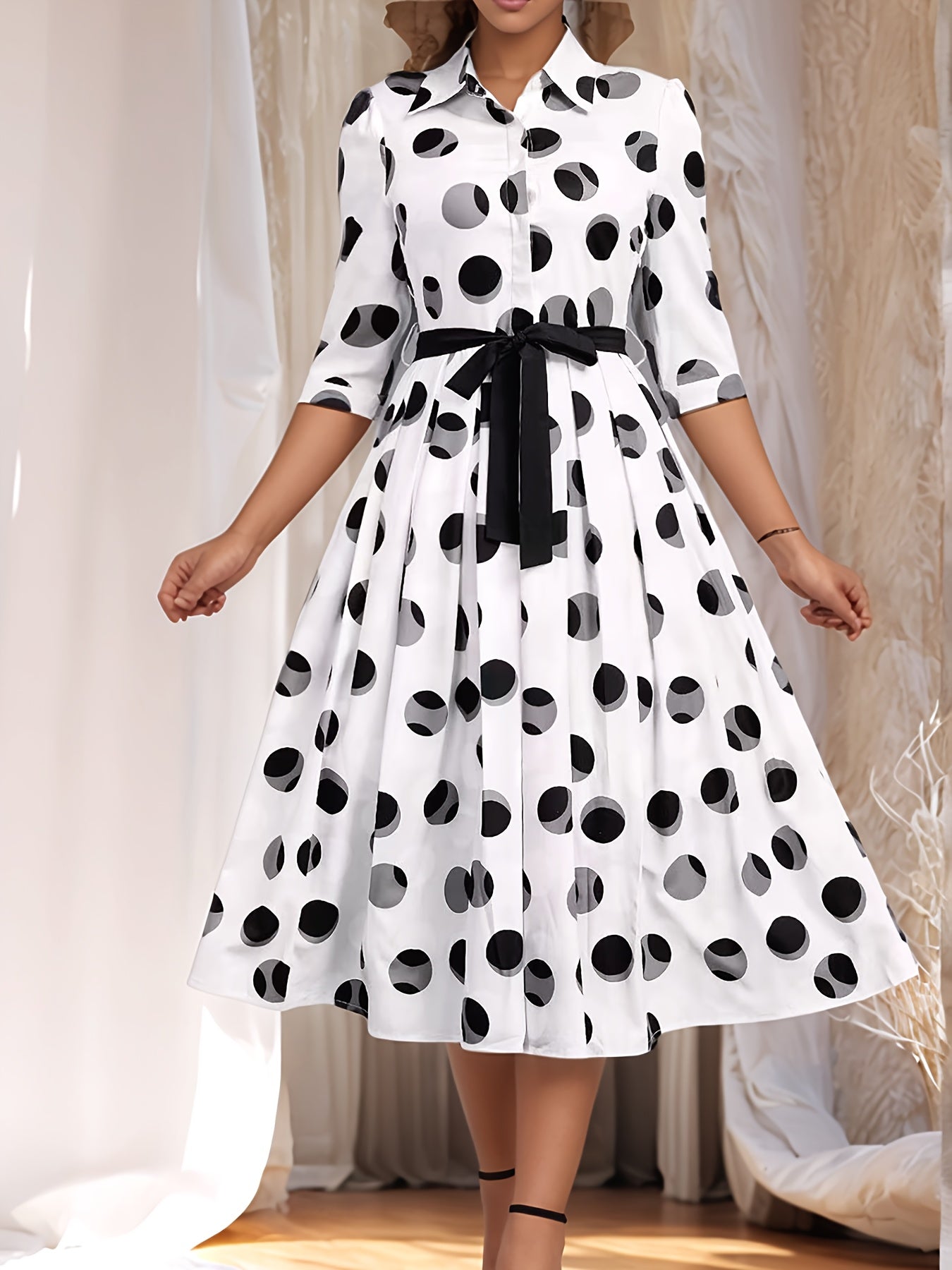 Vintage-Inspired Polka Dot Midi Shirt Dress with Belt and Collared Design