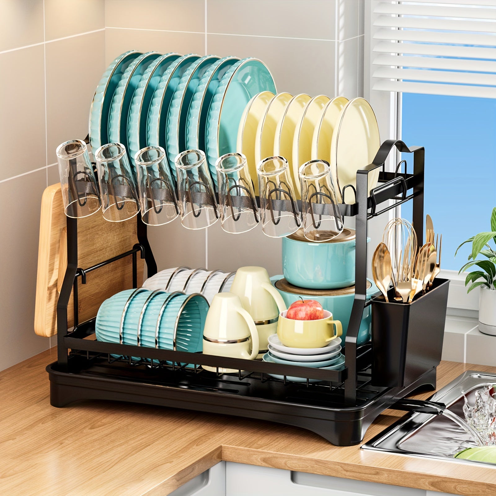 2-Tier Kitchen Organizer Rack with Drain Pan Space-Saving Dish and Utensil Storage