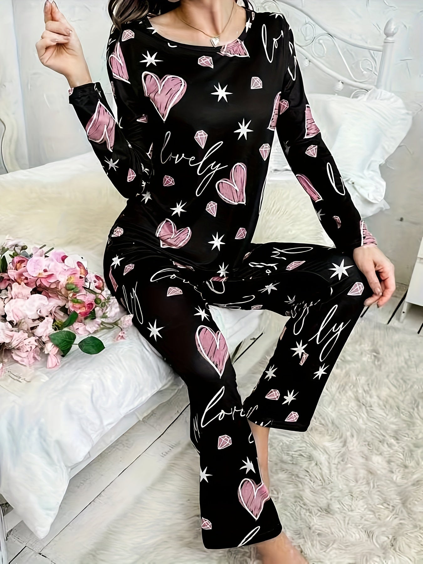 Women's Heart and Diamond Print Lounge Set Long Sleeve Top and Pants Casual Loungewear