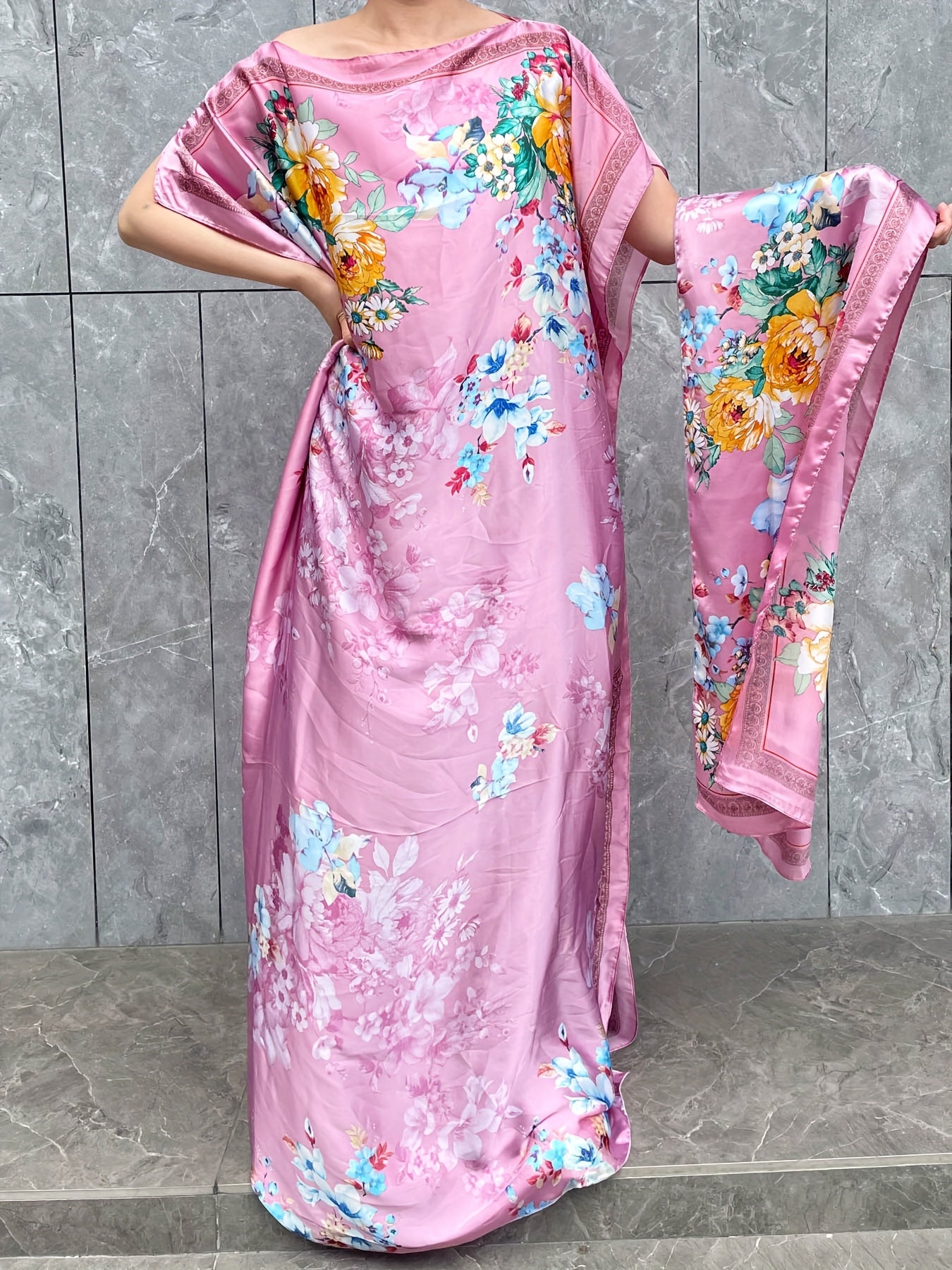 Plus Size Polyester Turkish Kafatan Robe with Scarf Pink Floral Geometric